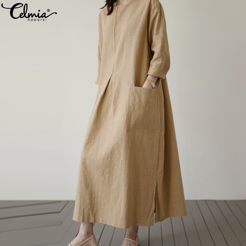 Vintage Linen Shirt Women Long Sleeve Dress 2021 Celmia Autumn Casual Loose Pockets Female Vestidos