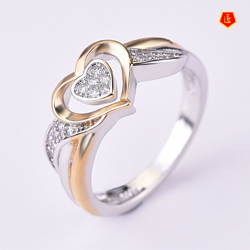 [Ready Stock]Silver Heart-Shaped Diamond Two-Tone Ring Fashion Luxury 18K Gold