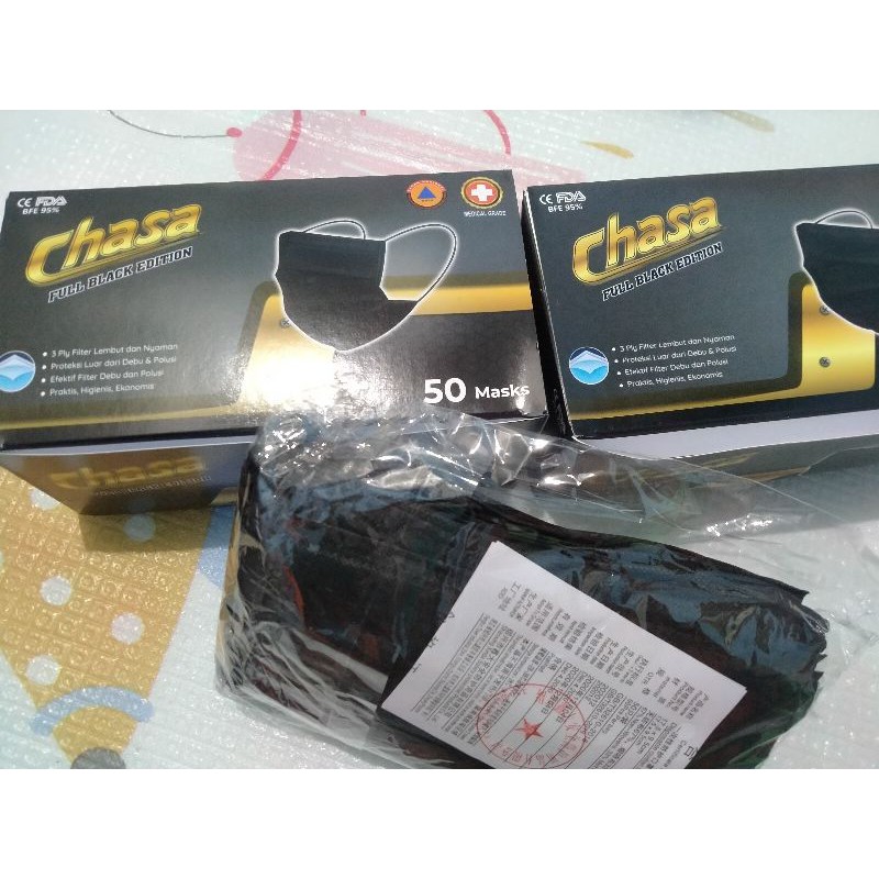 Masker 3 Ply / Masker Kesehatan Medis /Masker Hitam Chasa 50 PCS (Masker Earloop)