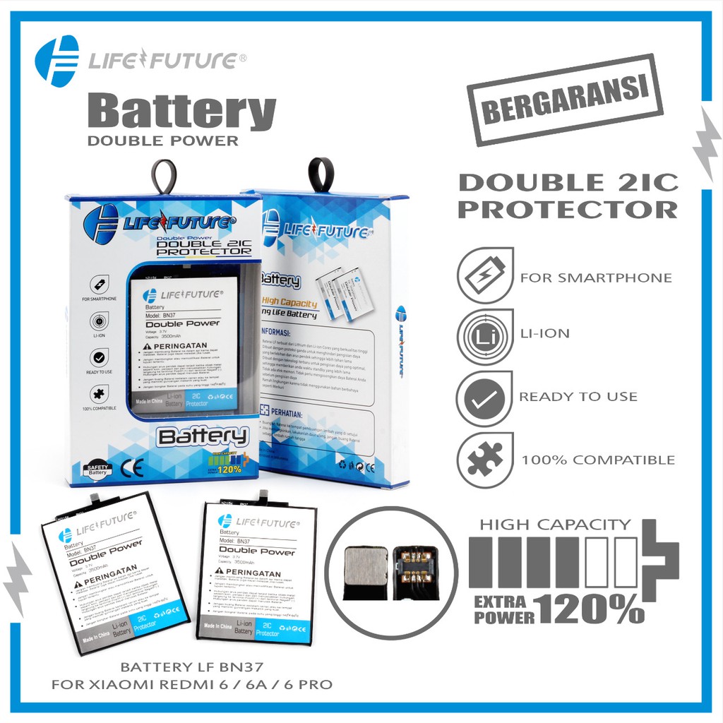 LIFE FUTURE BATERAI DOUBLE POWER BN 37/ BATTERY / BATRE XIAOMI REDMI 6 / 6A / 6 PRO / BN 37 BN37 350