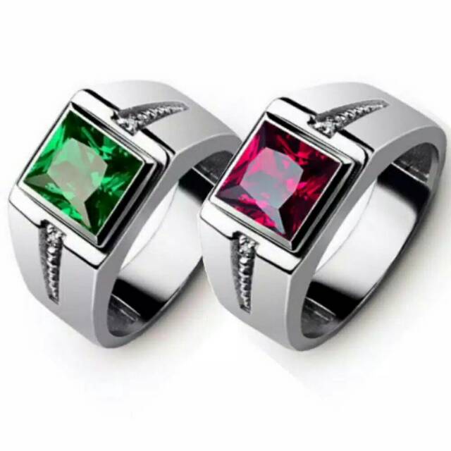 Cincin pria ruby warna merah dan hijau / ring warna perak / Import Quality