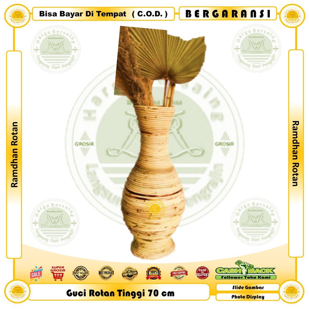 Guci Rotan Tinggi 70 cm - Vas Bunga Hias 70 cm Model Guci Bahan Rotan - Ramdhan Rotan - Decorative f