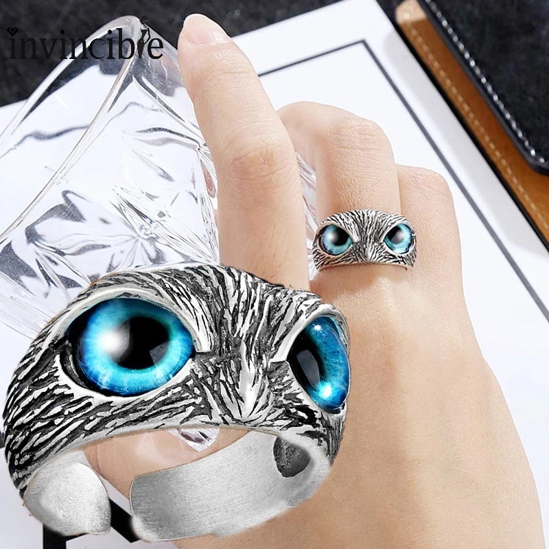 Cincin Silver Adjustable Desain Burung Hantu Mata Biru Bahan Metal Warna-Warni Untuk Pria Dan Wanita