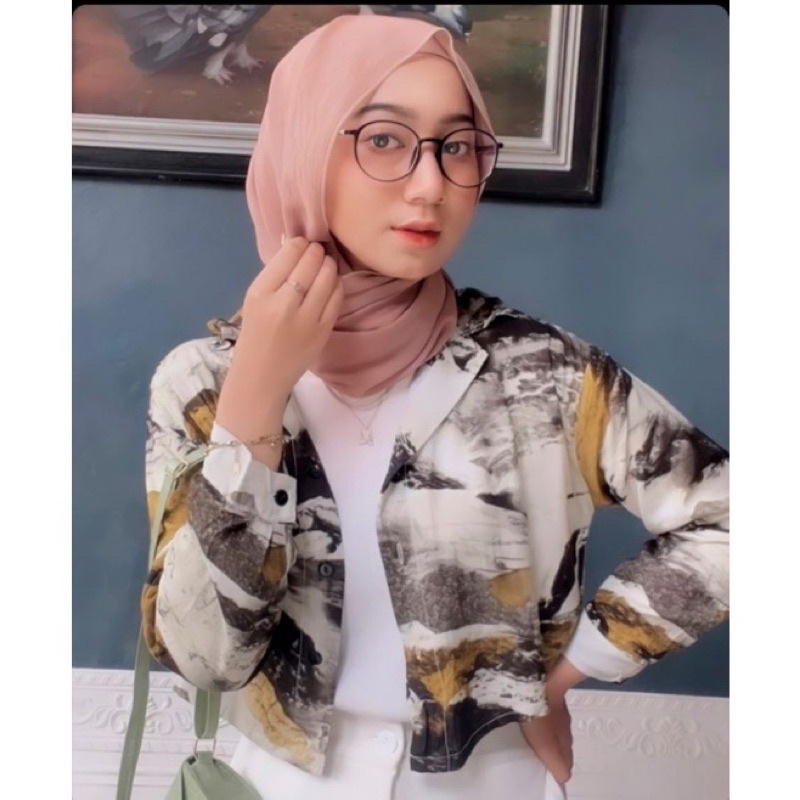 Weijia  Fashion Kem Wanita Lengan Panjang Terbaru / KEMEJA CROP PRINT ABSTRAK / Ootd Kekinian