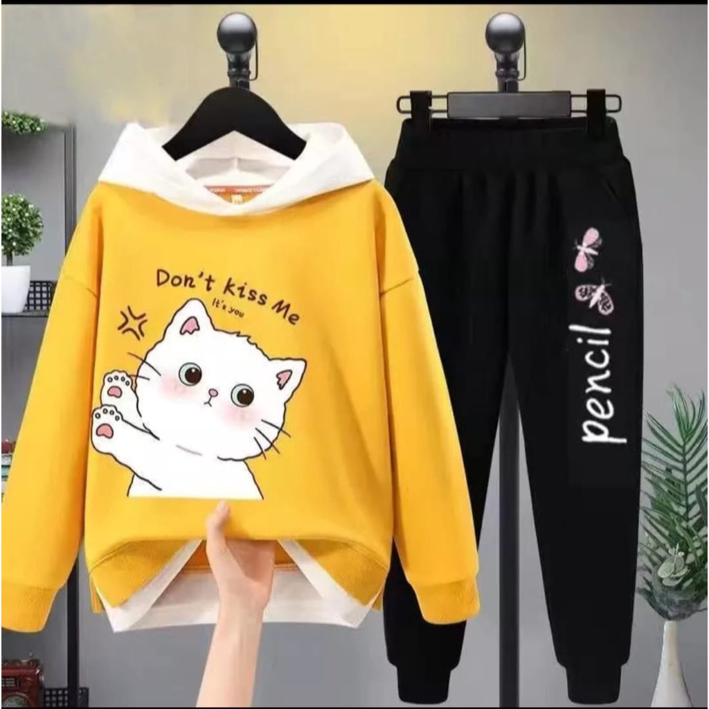 QFS - SETELAN KIDS HOODIE KITTY / TOSCA / KUNING / HITAM / TERBARU