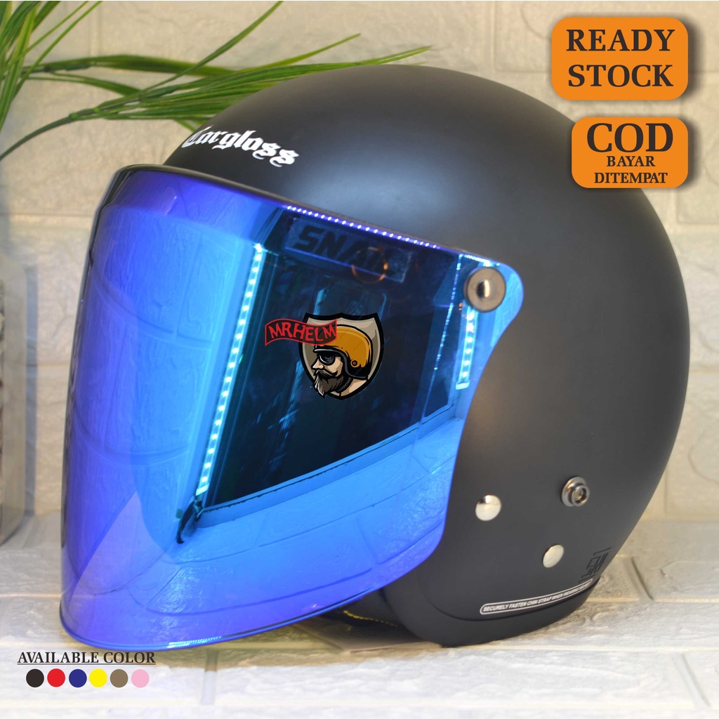 HELM CARGLOSS RETRO ORIGINAL + VISOR SNAIL FLAT IRIDIUM BLUE PREMIUM QUALITY ( MR HELM )