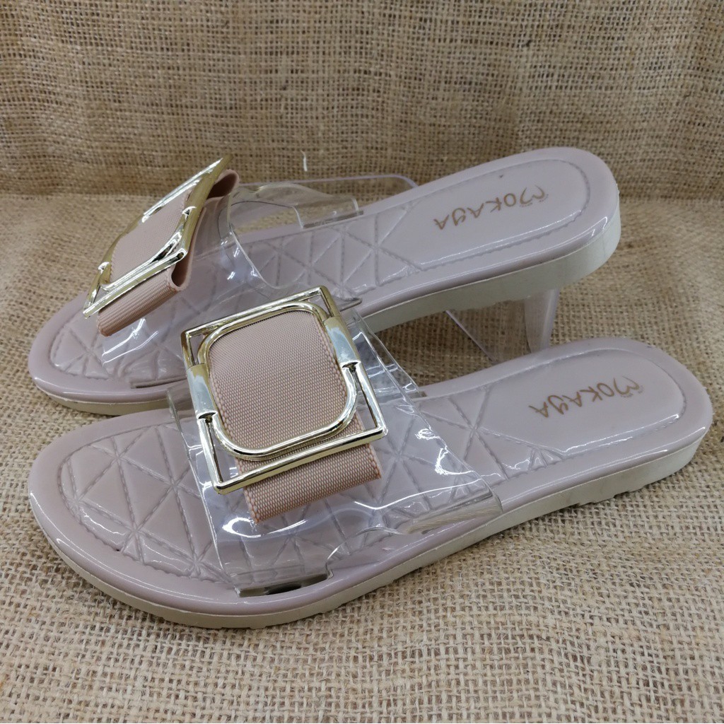 Sandal Slop Jelly Wanita Mika Gesper Kotak Besar Cantik Import Mokaya/ size 37-41 (CGL-9077-1)-Cream