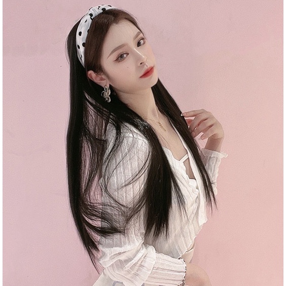 Wig Bando Lucu Wanita Motif Polkadot Korean Version Headband Hair Long Straight Simple Style / Aksesoris Rambut Wanita