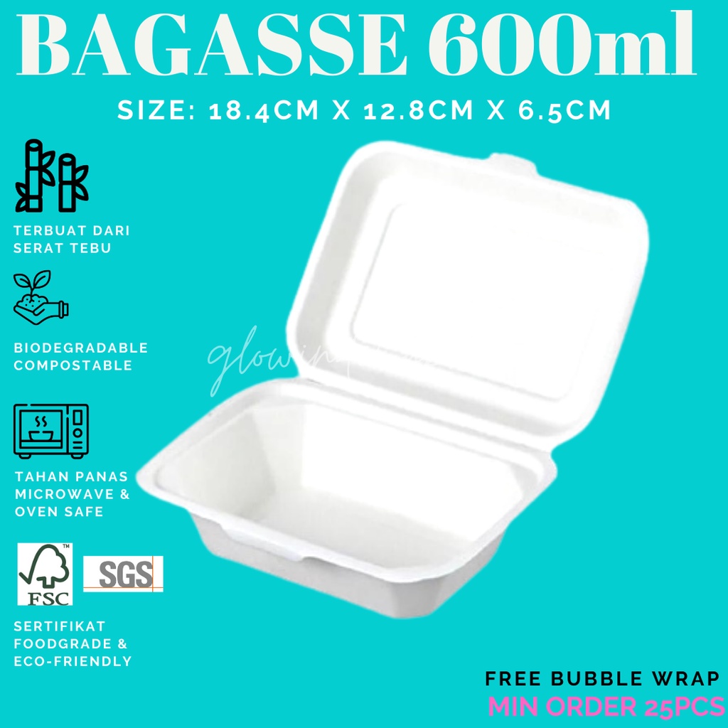 Bagasse Kotak 600ml Lunchbox Takeaway Sugarcane Serat Tebu ECO FRIENDLY