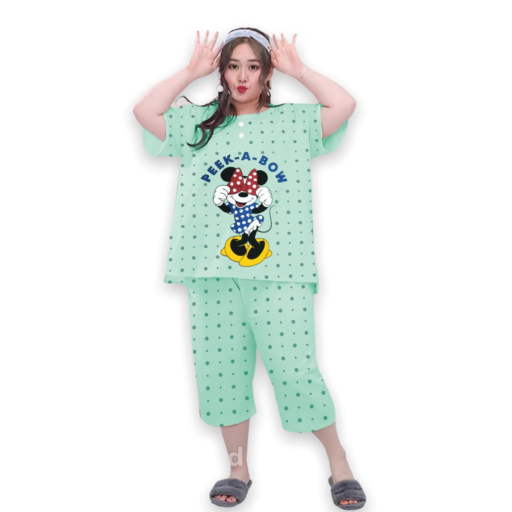 Lilipop.id  Baju Tidur Wanita Peek Bow 3/4 Jumbo Celana Pendek XXXL Baby Doll Bahan Kaos