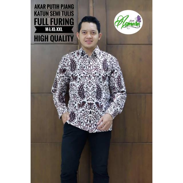 AKAR PUTIH Kemeja Batik Pria Katun SEMI TULIS Full Furing