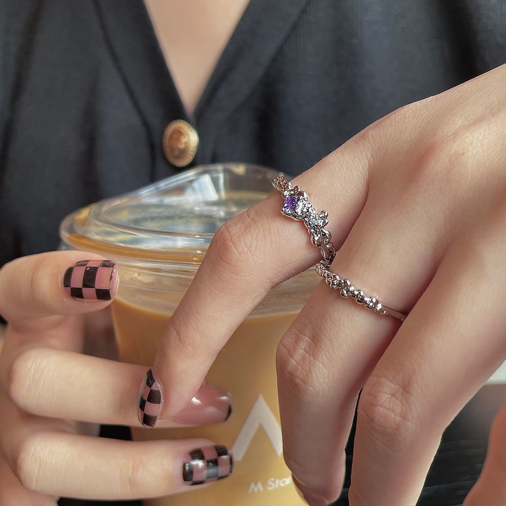 Cincin Sterling Silver 925 Model Terbuka Aksen Zirkon Ungu Untuk Wanita