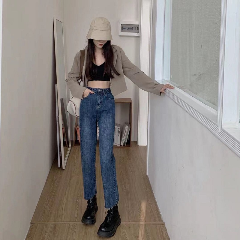 Jeans Biru Cropped Longgar Pinggang Tinggi Baru Untuk Wanita