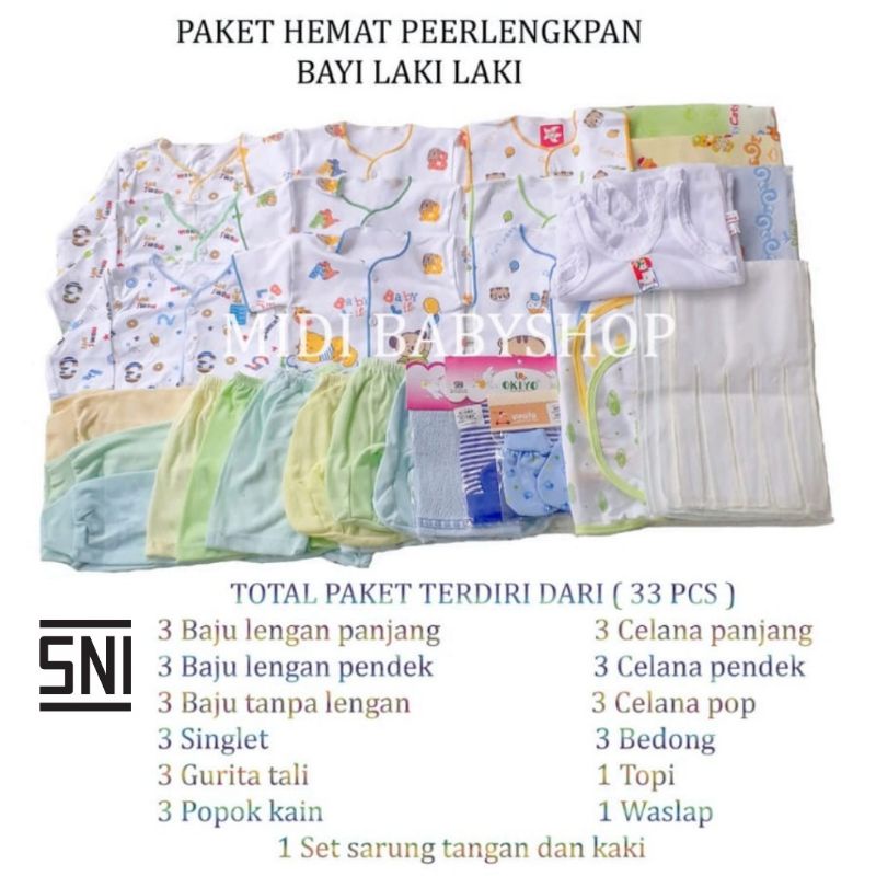 (0-3 bulan) 33 Pcs Paket hemat perlengkapan bayi laki-laki baru lahir / newborn murah SNI