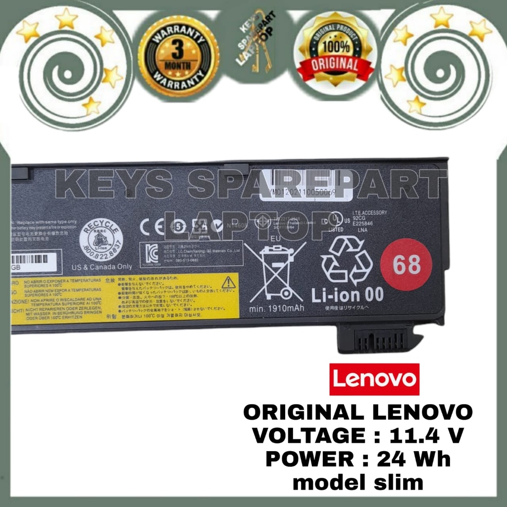 Baterai Battery Batre Laptop Lenovo Thinkpad X240 X250 X260 X270 X240S X250S X260S X270S T440 T440S T450 T450S K2450 T460 T460p T550 3 Cell Slim Original