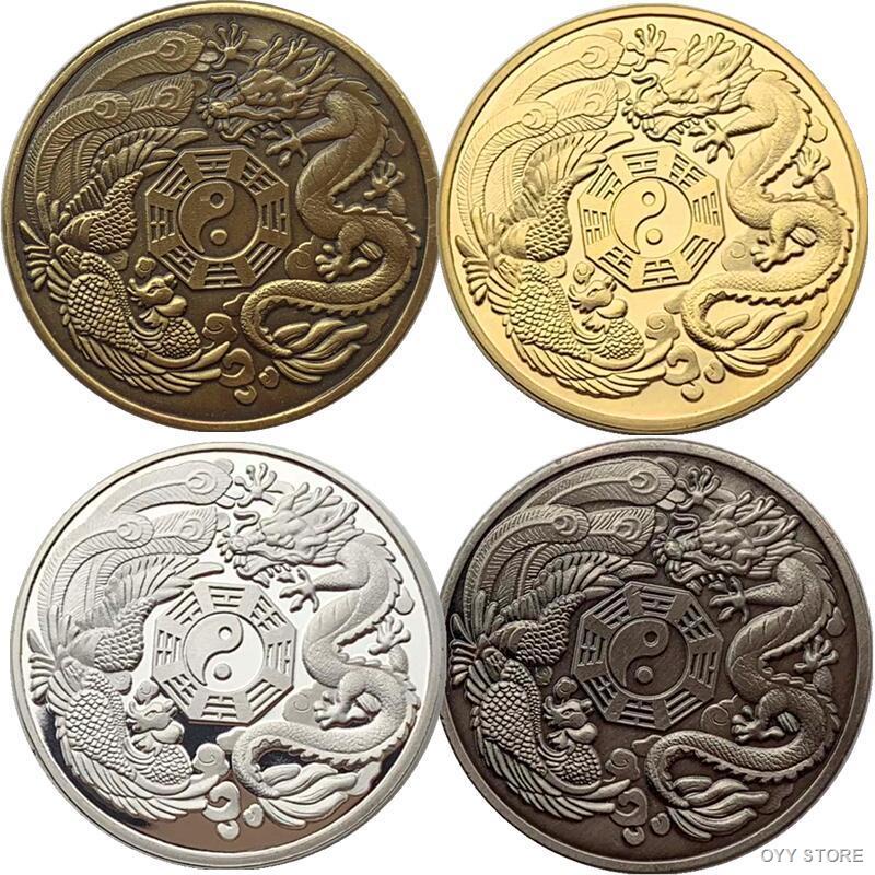 Naga Cina Phoenix Tai Chi Berlapis Perak Koin Peringatan Koleksi Koin 30 Mm Koin Emas Nikel Memukul