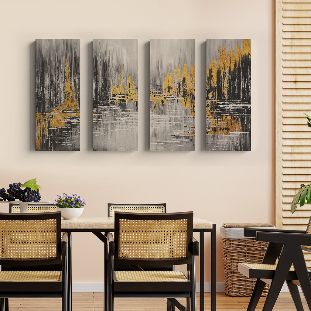 Lukisan Panel Susun Abstrak Warna Hitam Emas Black Gold Dekorasi Rumah Wall Decor Kamar, Wall Art Vi