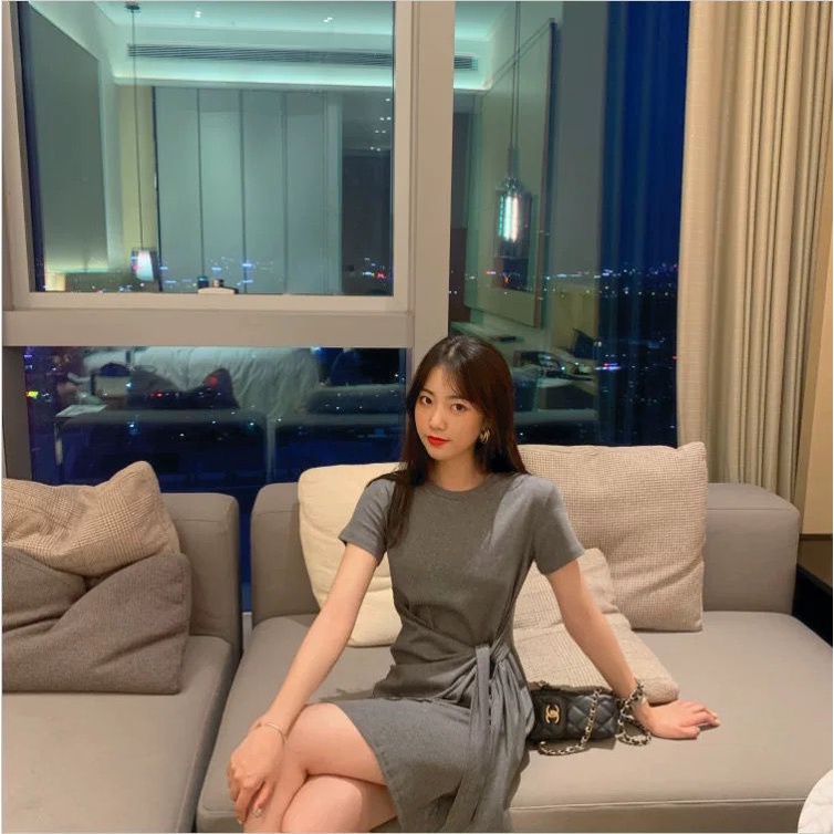 [littlecrab] Dress Wanita Wrapping Hitam Abu-Abu Dress Santai High Class Dress Model Santai Hang Out Dress High Quality Dress Pendek Dress Pesta Dress Simple Polos Elegan Casual Korean Style