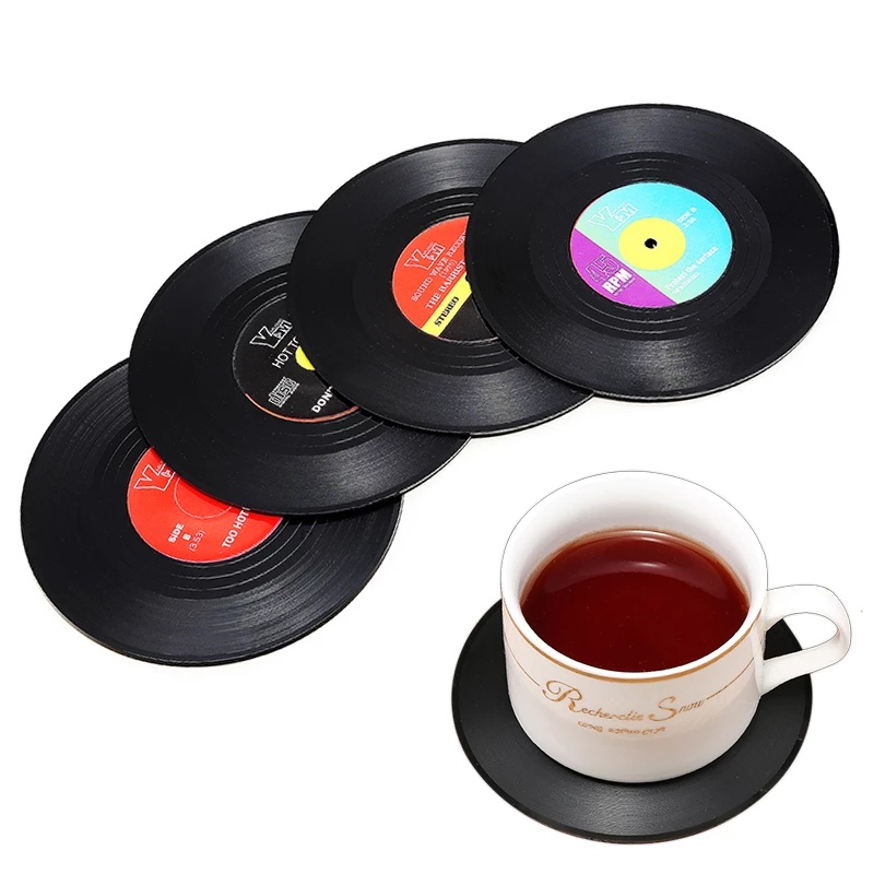 [Non-slip Record Tea Coaster, Retro Vinyl CD Insulated Placemat] [Mug Coaster Suitable for Home &amp; Restaurant &amp; Bar] [Heat-resistant Placemat for Table Decoration]