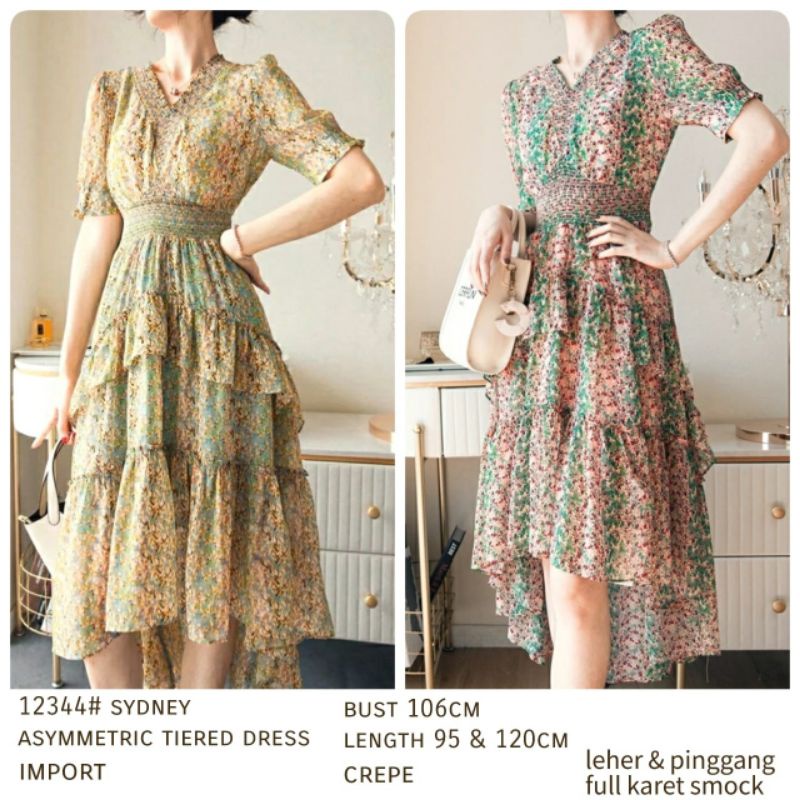 MDLV ~ 12344# Sydney Asymmetric Tiered Dress Long Dress Flower Layer Dress Korea Look Fashion import