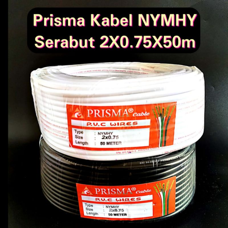 Kabel NYM HYO 2x0.75 mm PRISMA 50 Meter Tembaga Murni 1roll SNI Hitam Serabut 2 Jalur Bulat Cable Kulit Kuat  Standar Nasional Indonesia NYMHYO 2x0.75 Harga 1 gulung Panjang 50M Full Copper Termurah Berkualitas