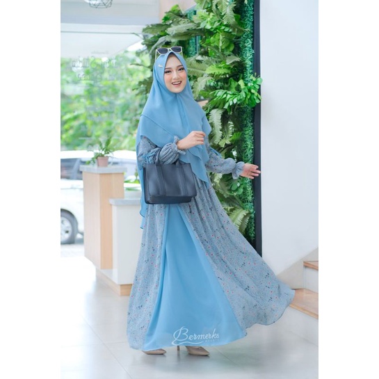 Ori Bermerk set gamis syar'i gamis+khimar/hijab new arrival motif bunga model kekinian