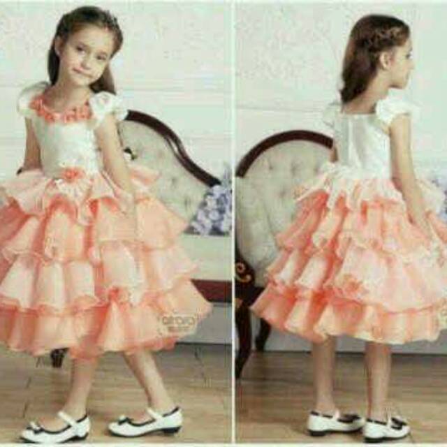 Girl Layered Party Dress Peach