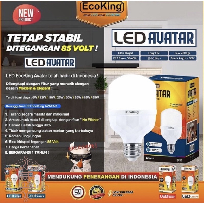 Ecoking Lampu LED Avatar 6w 12w 18w 25w 30w 35w 45w 55watt Model Kapsul Tetap Nyala pada Tegangan/ Voltase yang sangat Rendah TETAP STABIL DI TEGANGAN 85 VOLT!!