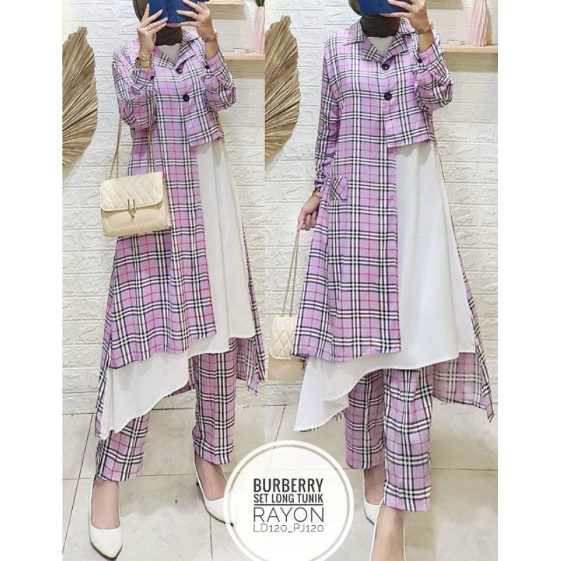 Setelan Tunik Rayon burberry / Setcel kekinian / Set rayon
