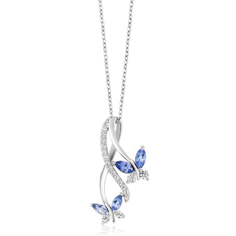 Kalung Rantai Silver 925 Dengan Liontin Batu Permata King Blue Tanzanite Butterfly Ukuran 18 Inci