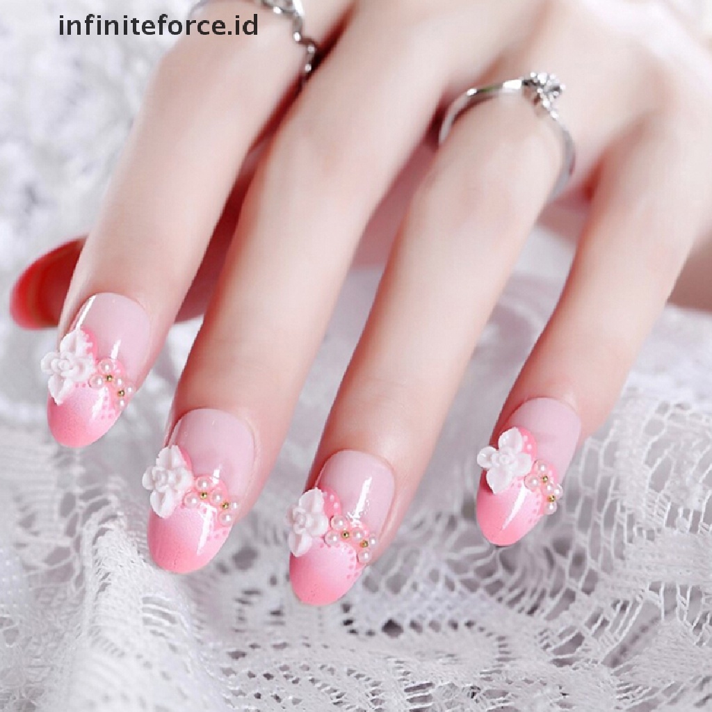 (Infiniteforce.Id) 24pcs / set Kuku Palsu 3d Hias Berlian Imitasi Warna Pink Untuk Pengantin Wanita