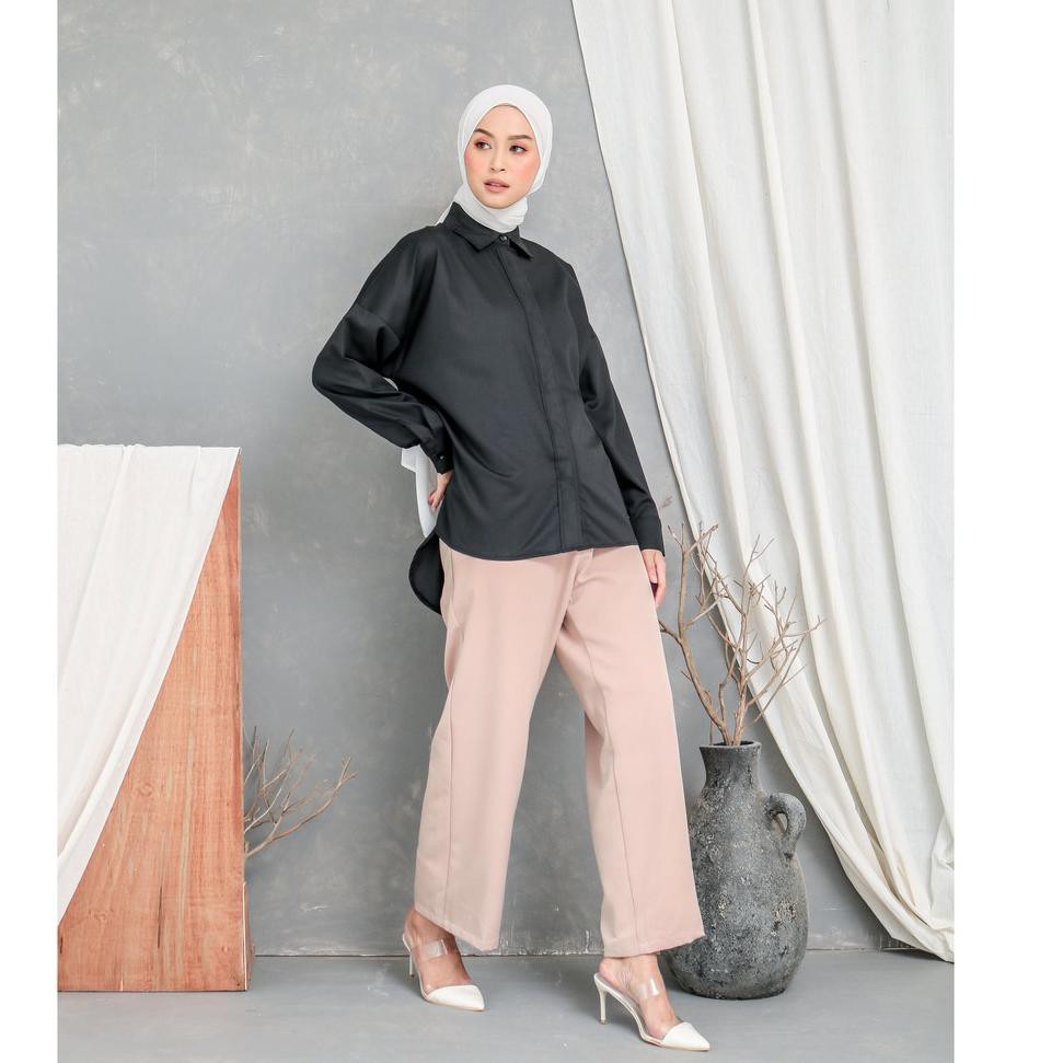 VOGUEE [ART X4]  Letty Shirt Black Hide Button Basic Oversize Pattern LD120 E03-02