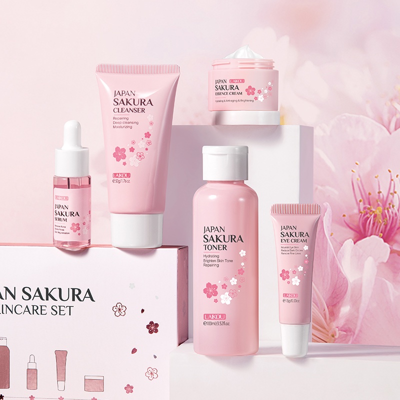 Free Hadiah LAIKOU Sakura Glowing Serum Perawatan Kulit Set Krim Peremajaan Toner Memudarkan Noda 5 Pcs