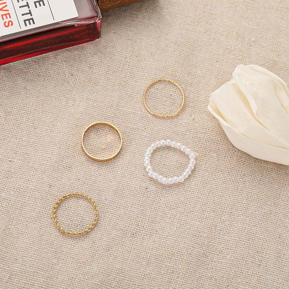 Needway  Geometric Finger Ring Set Personality Fashion Jewelry Pearl Rings Women Circle Minimalist Korean 4 PCS/Set Girls Twist/Multicolor