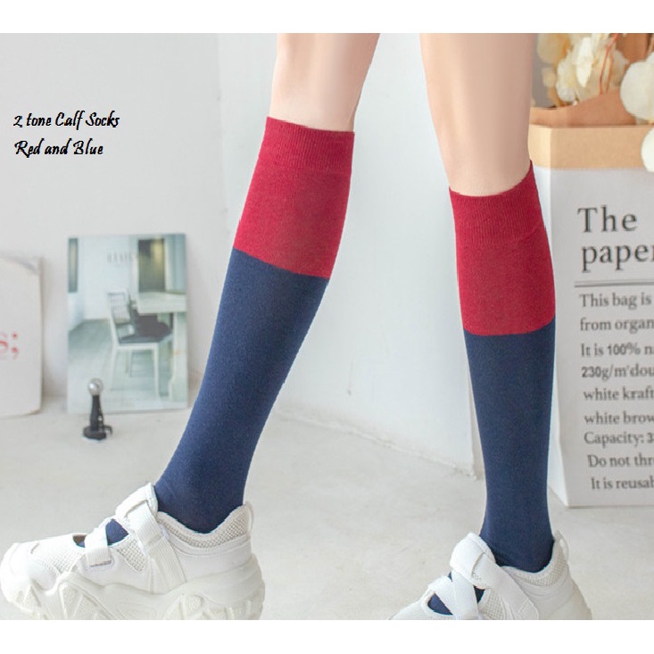 Kaos Kaki Cewek Panjang Selutut  Kaos Kaki Gaya Jepang korea  Kaos Kaki Muslimah Calf Socks Polos-Red blue