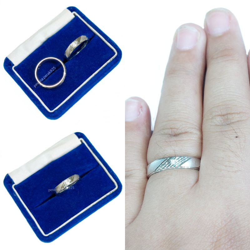 Cincin Couple Pria dan Wanita Perak Asli Silver 925 Lapis Emas Putih Model Dop Putih - Perhiasan Cin