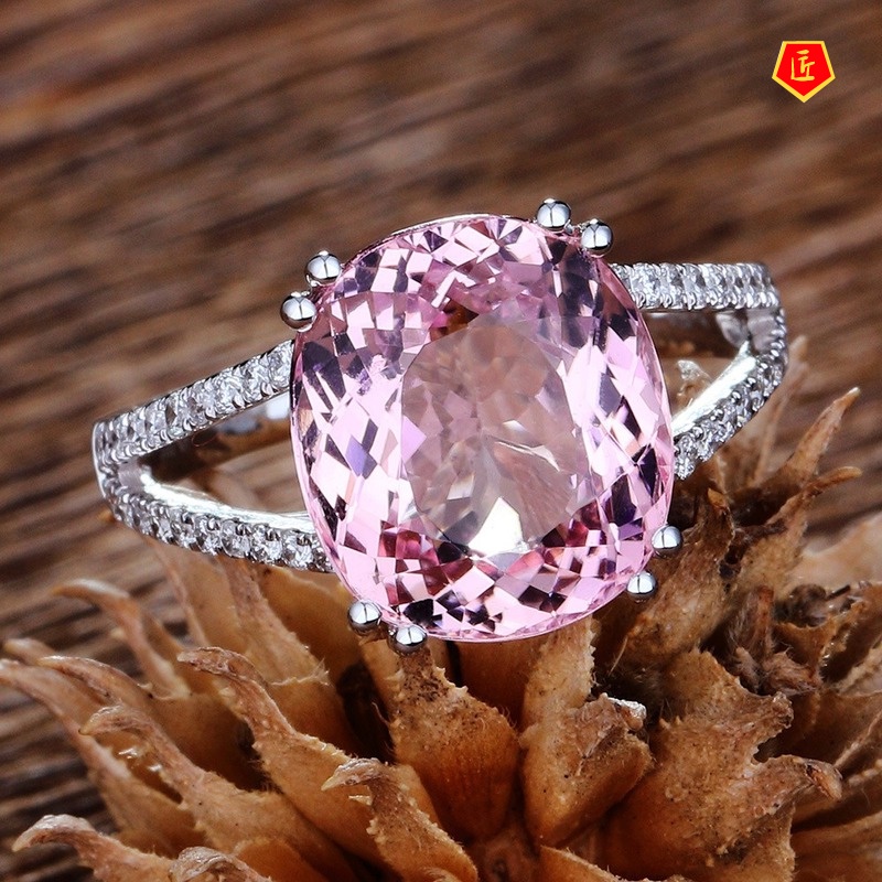 [Ready Stock]Fashion Inlaid Pink Diamond Tourmaline Ring Elegant Graceful