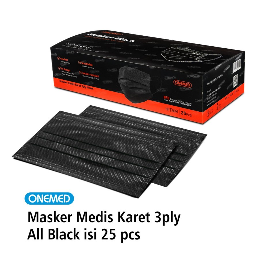 Masker Karet Medis 3ply All Black Onemed Box Isi 25 OJB