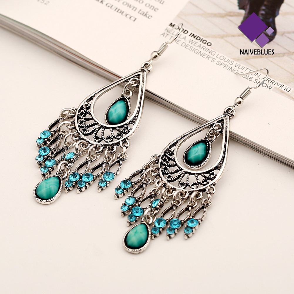 Naiveblue &gt; Anting Kait Gantung Desain Ukiran Hollow Hias Batu Permata Imitasi Gaya Boho Untuk Wanita