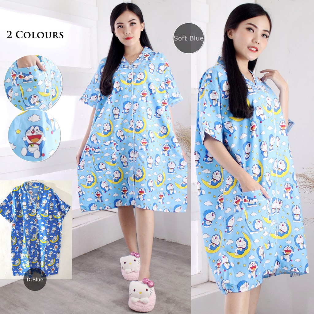 Piyama DASTER DEWASA, katun MICRO, FIT TO XXXL / BIGSIZE /JUMBO , motif DORAEMON SABIT