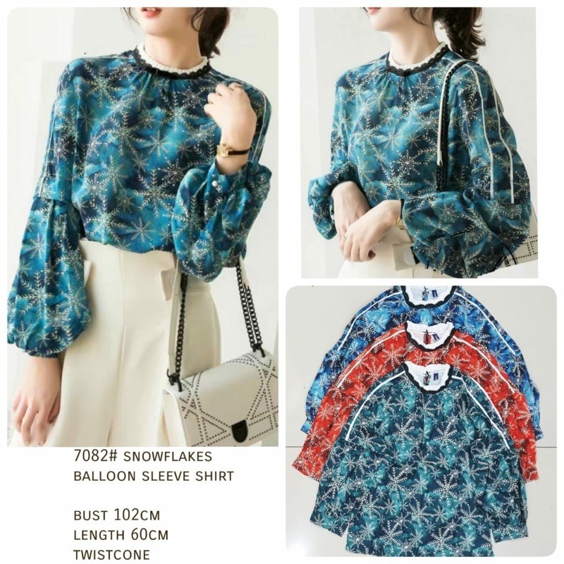 BAJU WANITA KEKINIAN BLOUSE CROP TOP SNOWFLAKES TOP BLUS LENGAN PANJANG KOREA TERBARU