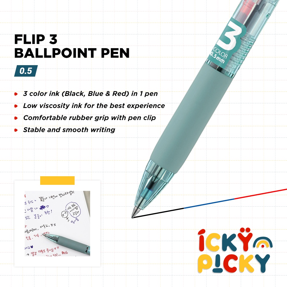 

[ickypicky] Monami Bolpoin Korea dengan 3 Warna Tinta (Hitam, Biru & Merah) 1 Pena 0.5 mm | Flip 3 Ballpoint Pen