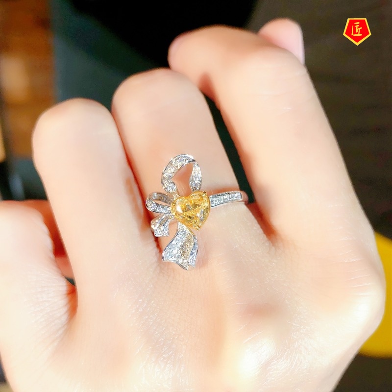 [Ready Stock]Fashion Creative Full Diamond Love Heart-Shaped Yellow Diamond Ring for Women