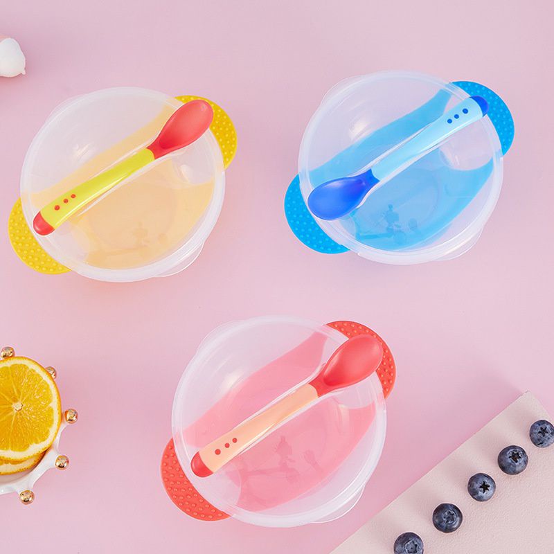 Mangkok bayi anti tumpah silikon sensor anti panas + tutup & sendok