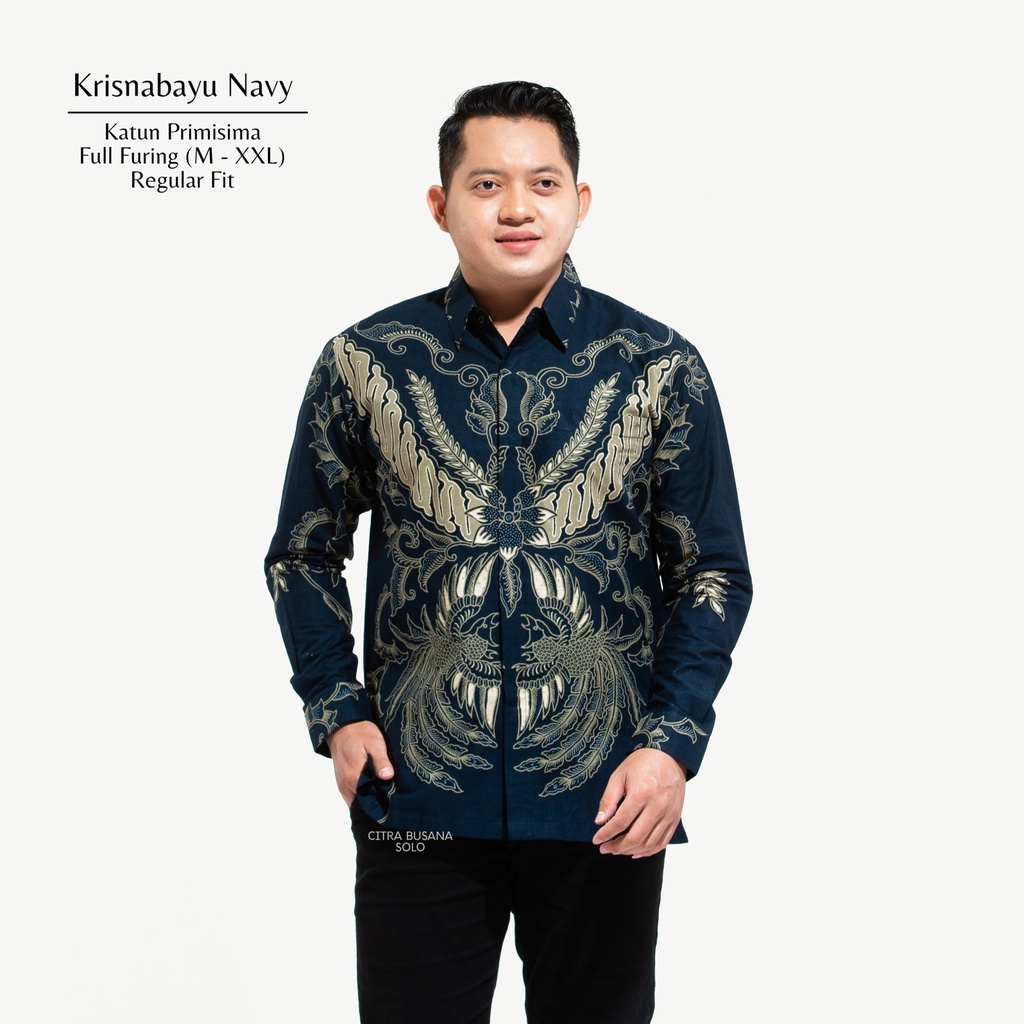 KRISNABAYU NAVY Kemeja Batik Pria Full Furing Bahan Katun Primisima