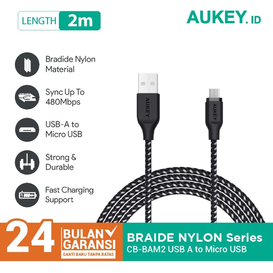 Aukey Cable CB-BAM2 2m Braided Nylon USB2.0 to Micro Black - 500426