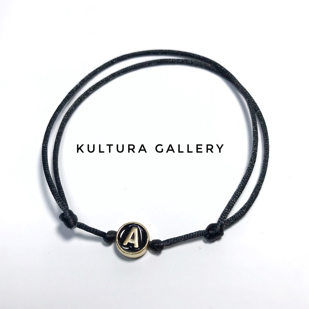 Gelang Inisial Nama Charm Hitam Gold Tali Satin Ikat (Gelang Tali)