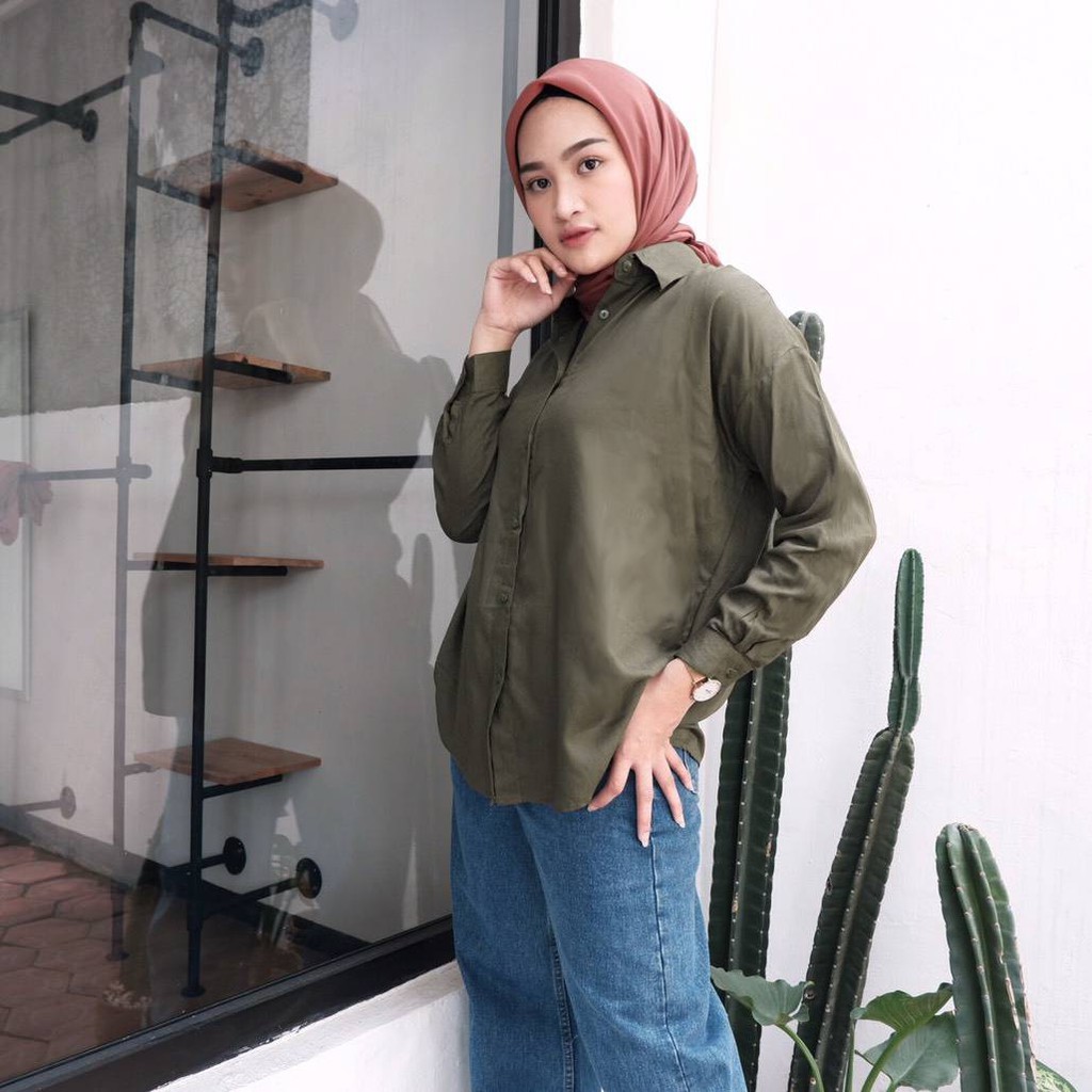 Lily Basic Shirt NEW Kemeja Wanita Polos Katun Rayon Tangan Panjang-Army
