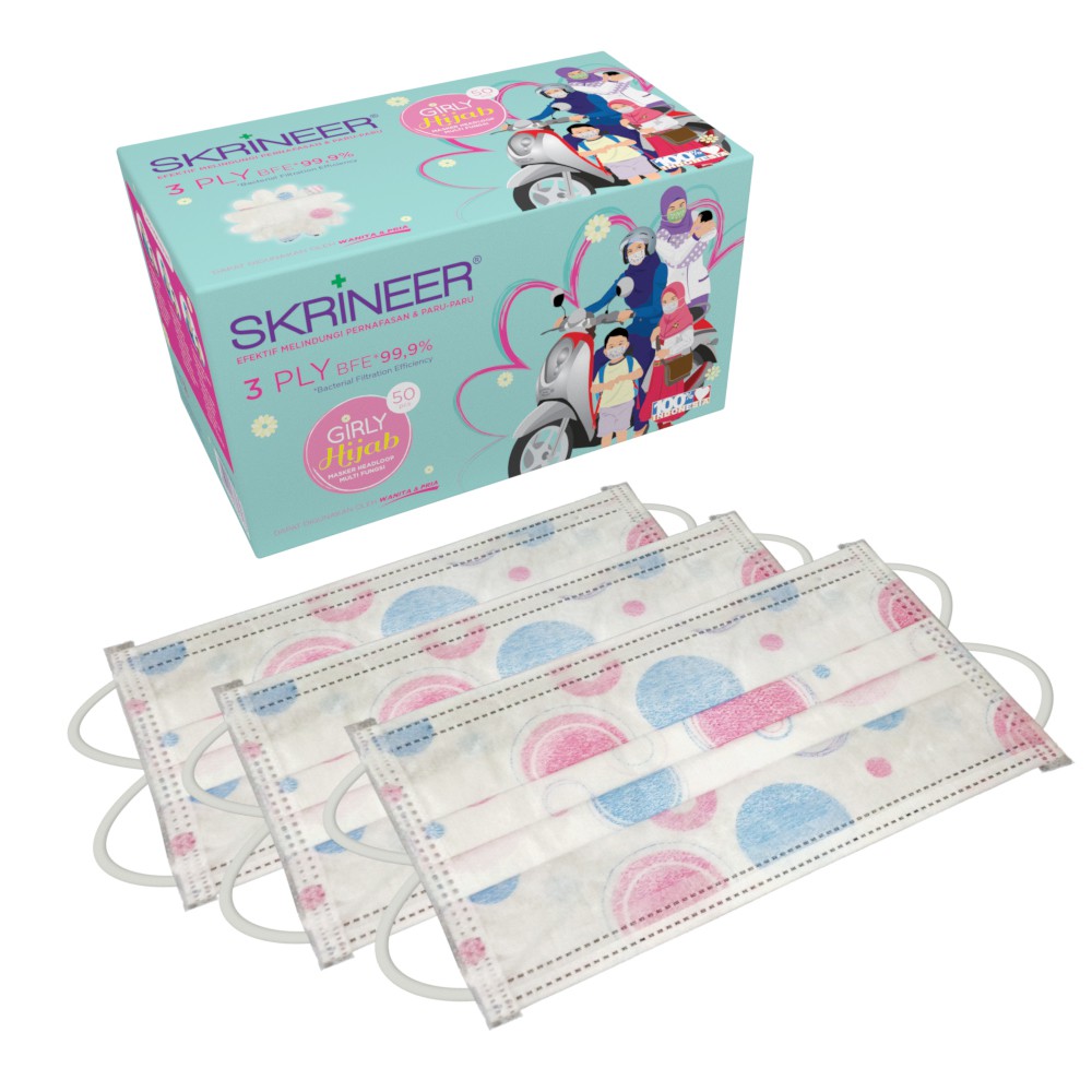 Masker Skrineer Hijab / Headloop 50's Motif 3 Ply Polkadot Sakura Dotty Pink Medis Terbaik