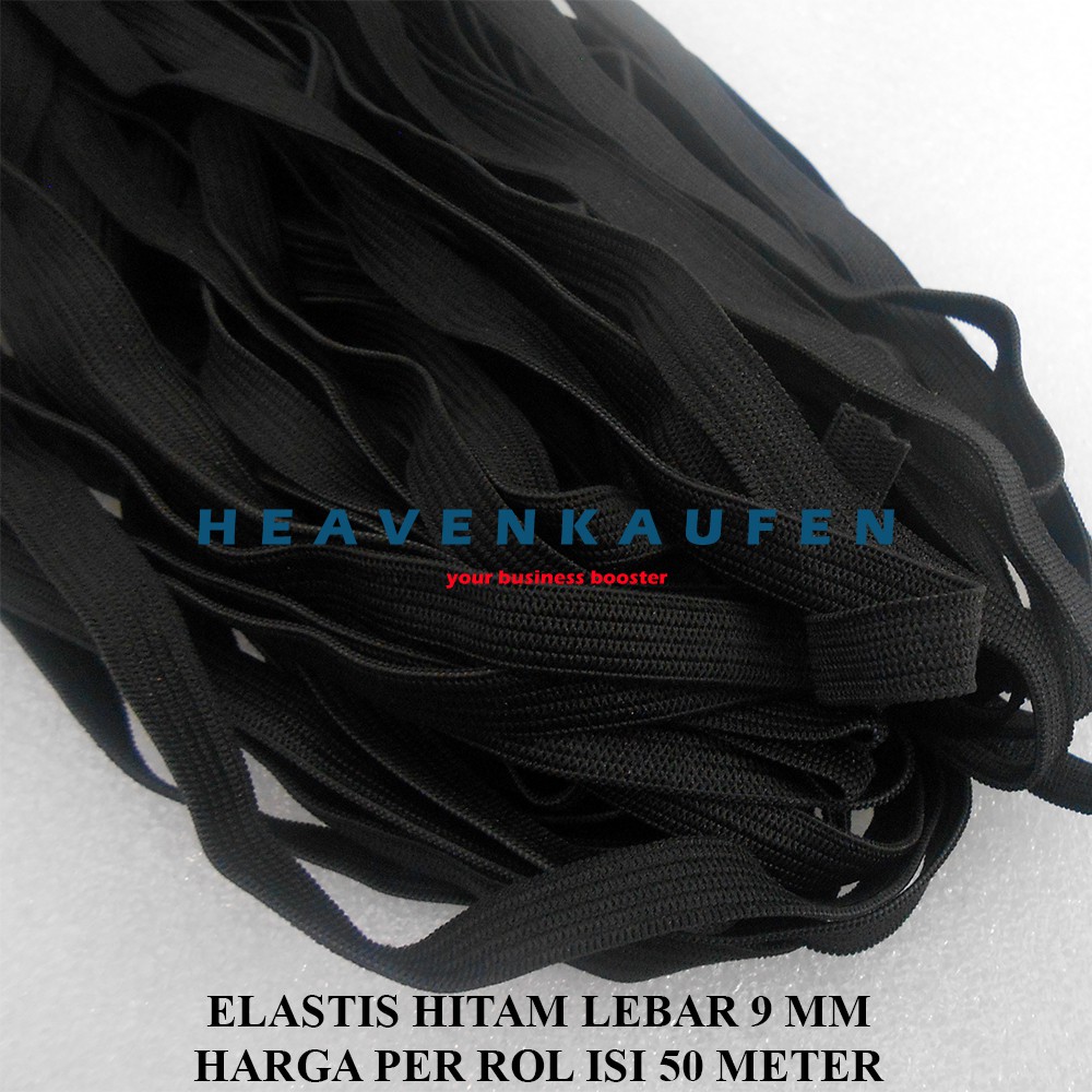 Karet Elastis Elastic Hitam Lebar 9 mm Harga Per Rol isi 50 Meter Tanpa Merk